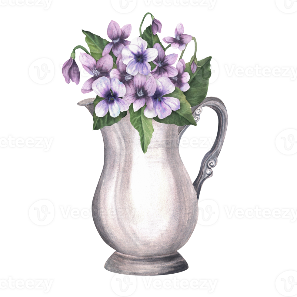 vintage prata jarro cheio do violetas. Antiguidade vaso com flores floral ramalhete dentro uma vaso. desenhado à mão aguarela ilustração para cartões postais, scrapbooking, adesivos, impressão Projeto. png