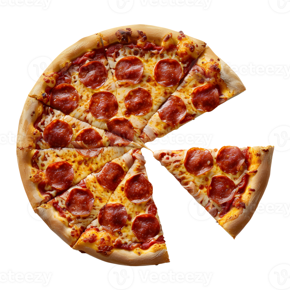 Freshly Baked Pizza with a Cut Slice, Delicious Italian Cuisine, Isolated on Transparent Background. png