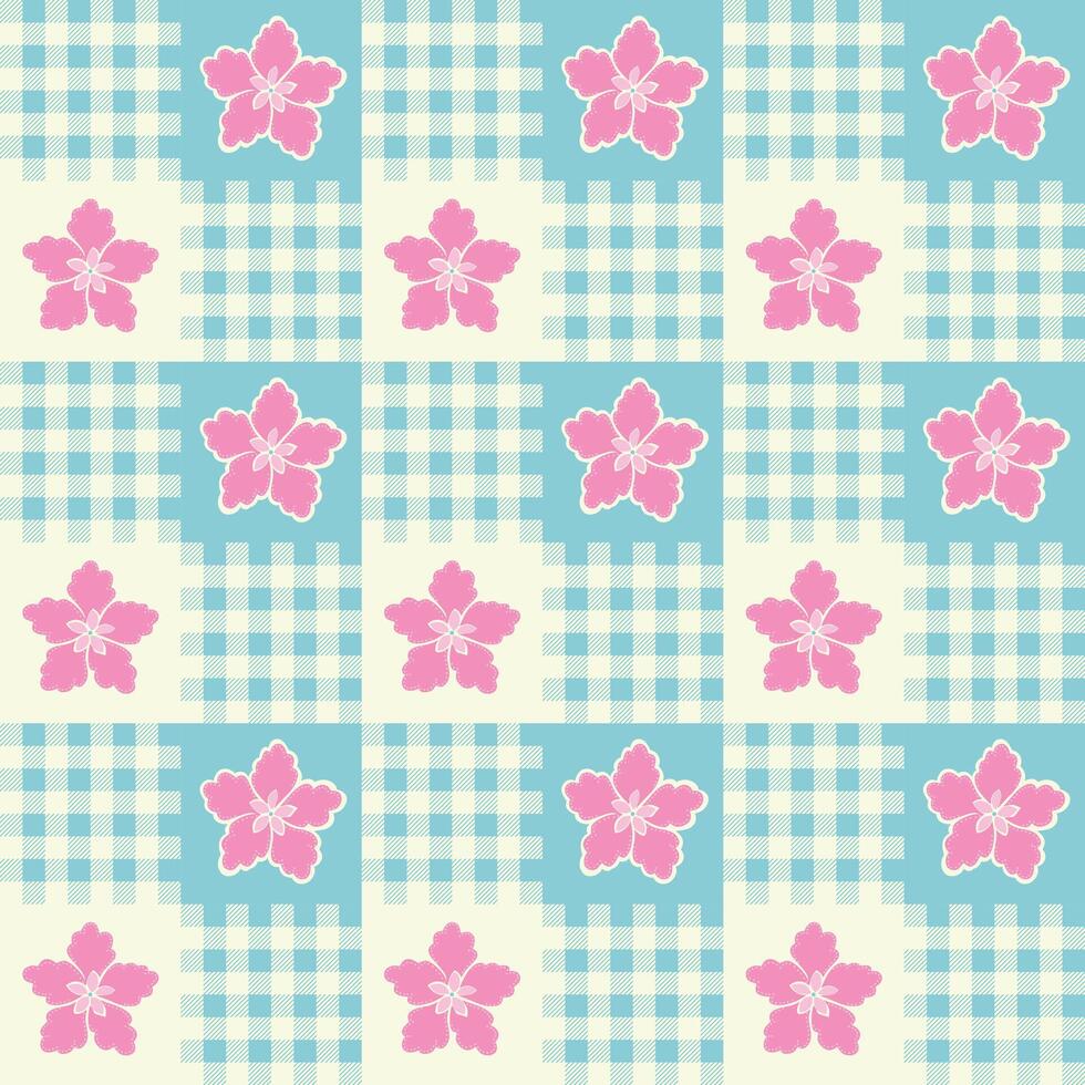 Pastel flower seamless pattern on gingham tartan plaid texture background vector