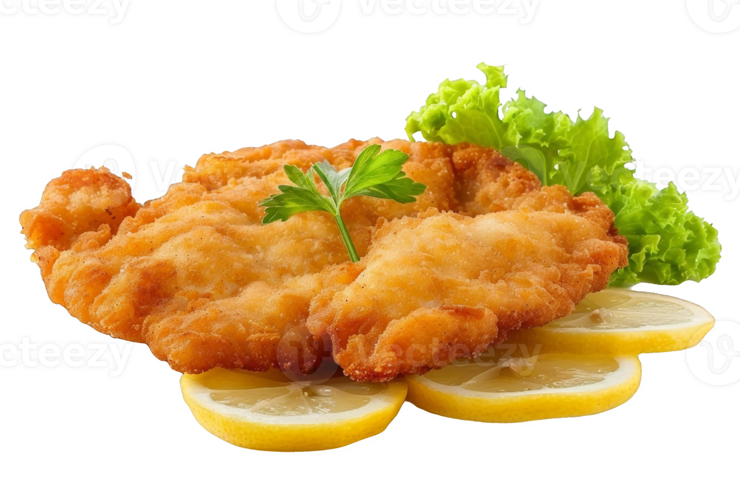 Fried Fish With Lemon Slices and Lettuce png