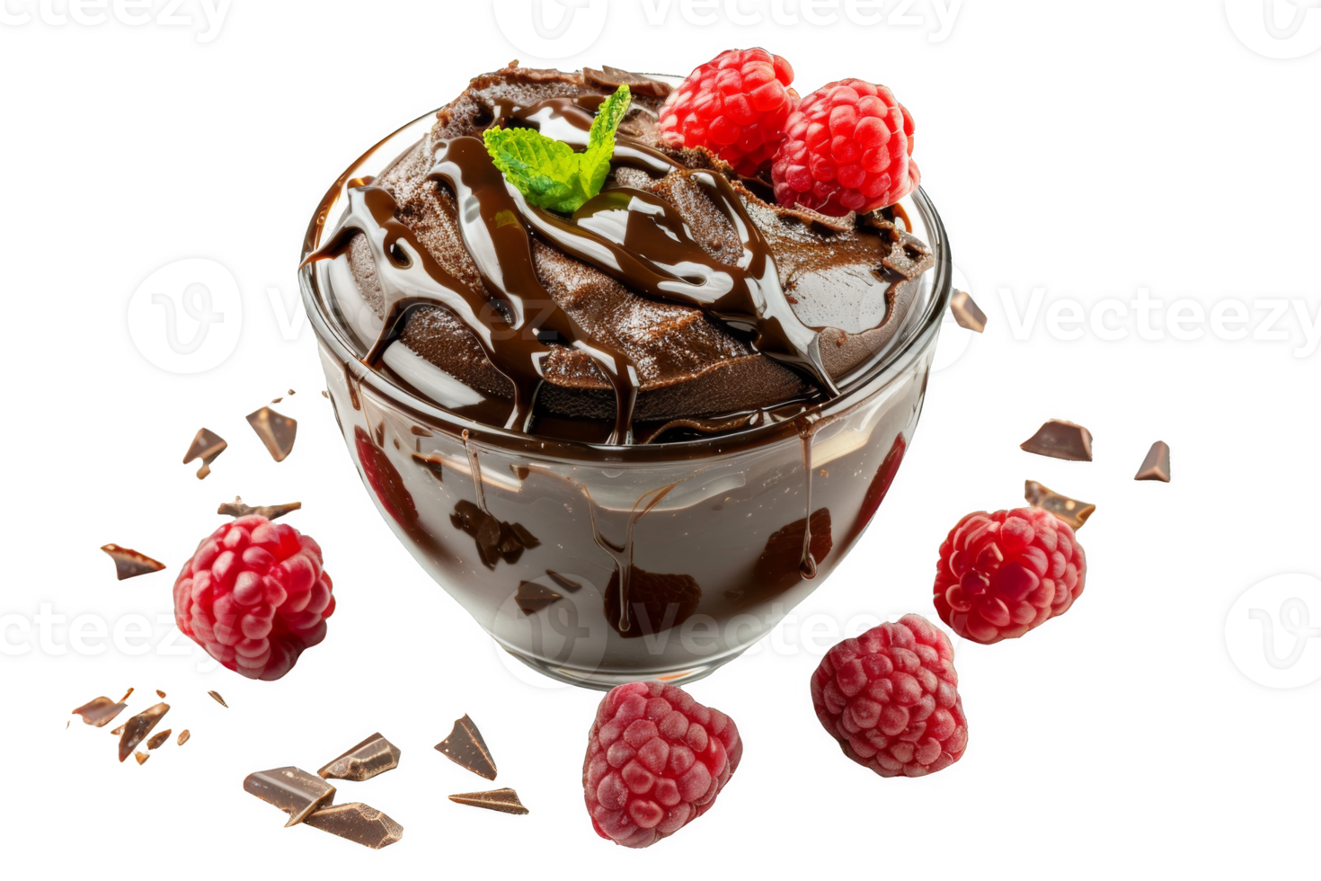 Bowl of Chocolate Pudding With Raspberries png
