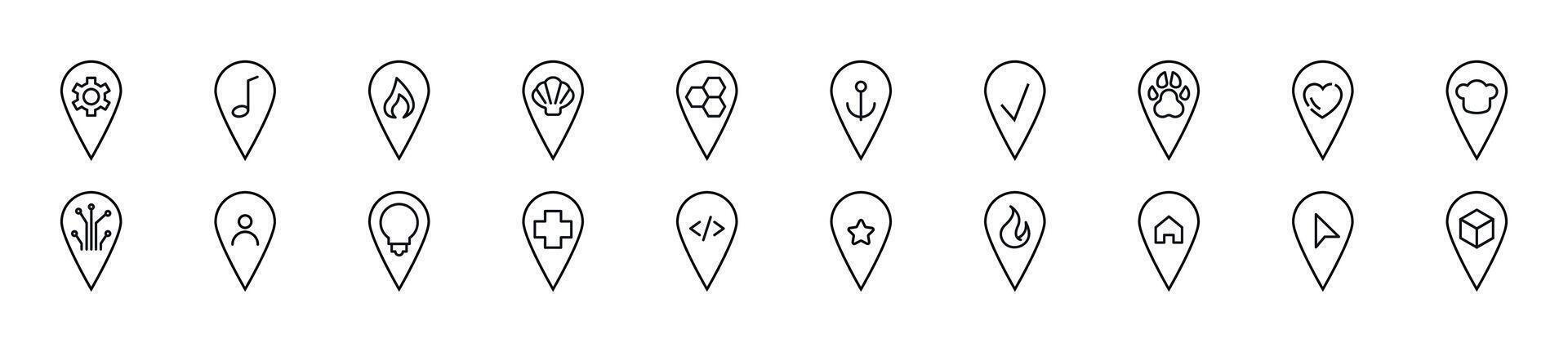 Collection of thin signs of map pin. Editable stroke. Simple linear illustration for stores, shops, banners, design vector