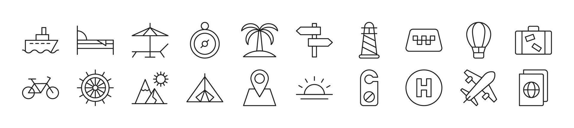 Collection of thin line icons of travel. Editable stroke. Simple linear illustration for web sites, newspapers, articles book vector