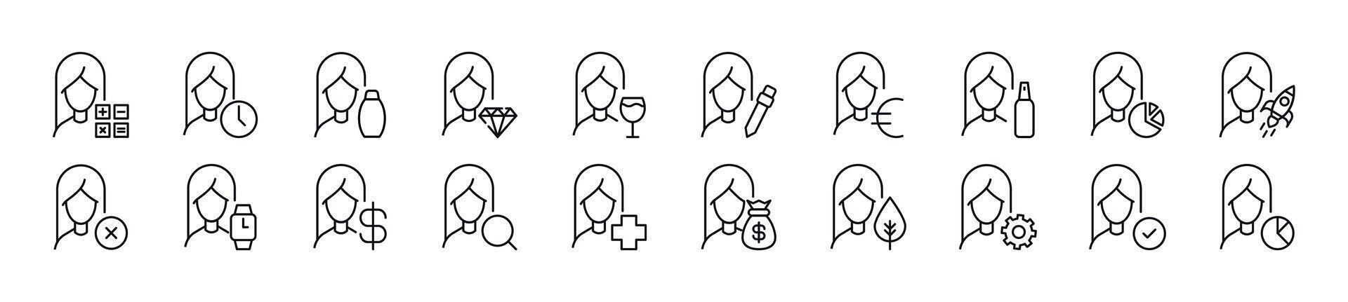 Collection of thin signs of female user by items. Editable stroke. Simple linear illustration for stores, shops, banners, design vector