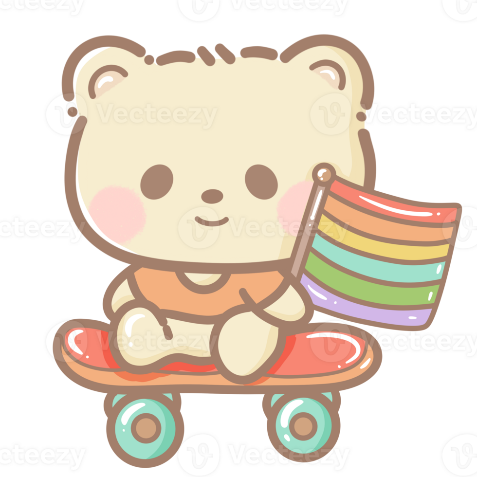 Handdrawn illustration Cute kawaii yellow teddy bear pride month Lgbt Rainbow clipart pastel color greeting card party invitation png