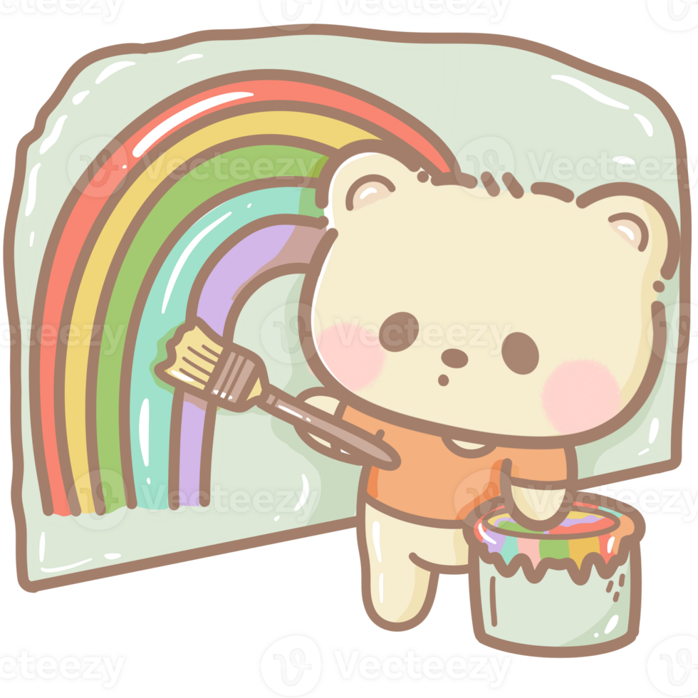 Handdrawn illustration Cute kawaii yellow teddy bear pride month Lgbt Rainbow clipart pastel color greeting card party invitation png