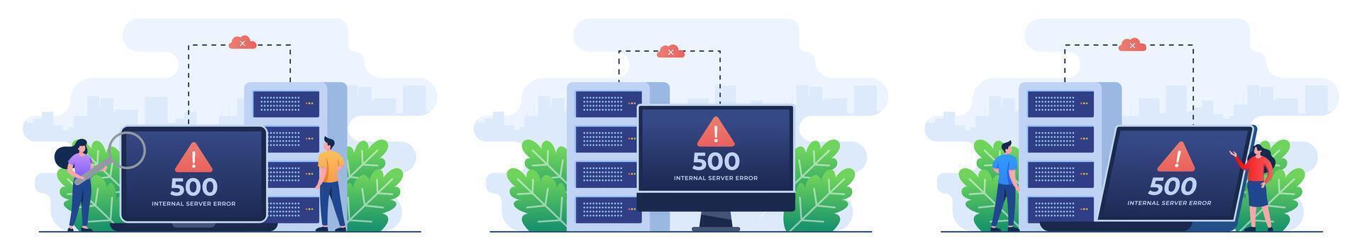 conjunto de plano ilustraciones de 500 interno servidor error, sitio web error, red error, nube informática vector