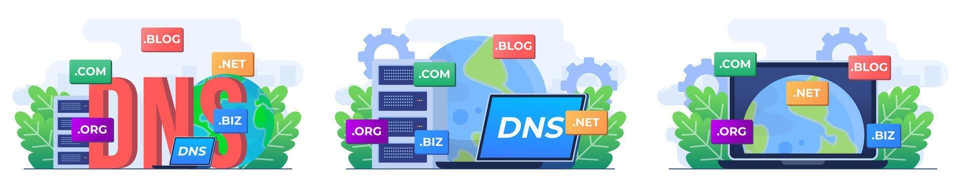 conjunto de moderno plano ilustraciones de dominio nombre sistema conceptos, DNS, sitio web dominio nombre, Internet o ciberespacio, dominio registro web página, elegir, encontrar, comprar, Registrarse sitio web dominio nombre vector