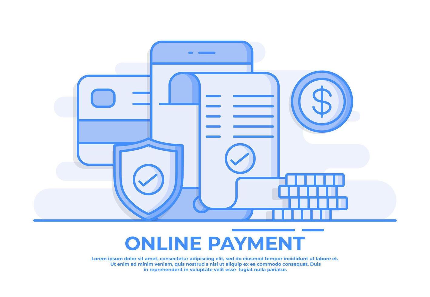 Mobile phone bill payment, Paid by credit card, Online shopping thin line flat illustration infographic vector