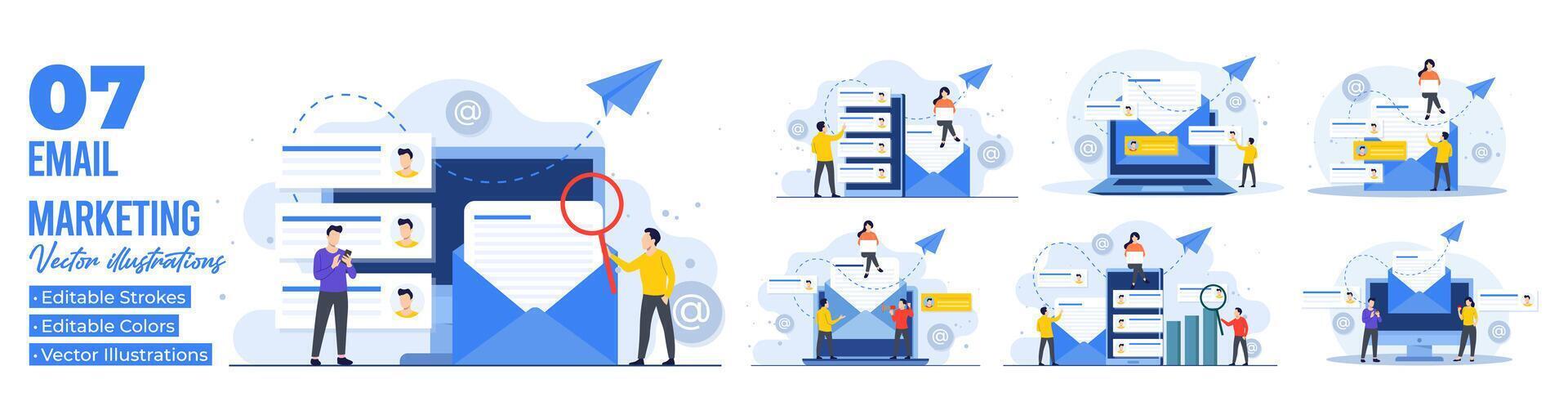 Set of flat illustrations of email marketing concepts, Online business strategy, Advertising, Email newsletter, messaging, Marketing materials vector
