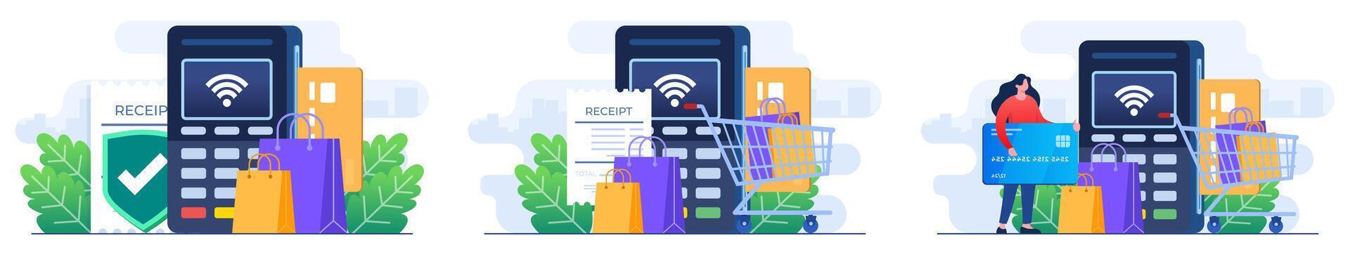 Set of flat illustrations of terminal for contactless and wireless goods payment, POS terminal confirms the payment by debit card, Invoice, Shopping concept, Payment machine, Credit card vector