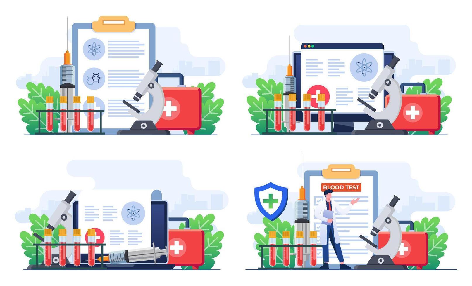 Set of flat illustrations of Examining blood samples in the laboratory, Medical research, Health checkup, Documents and references, Health screening for diagnosis, Health care and medicine vector