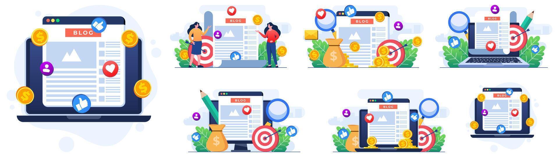 Set of flat illustrations of Blog article creation, Content creation, Blog monetization, Making money online vector