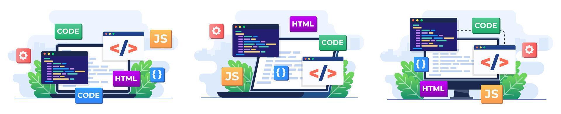 Set of flat illustrations of web development, Web design, Computer programming, Mobile application design, Coding, Software, programming languages, website vector