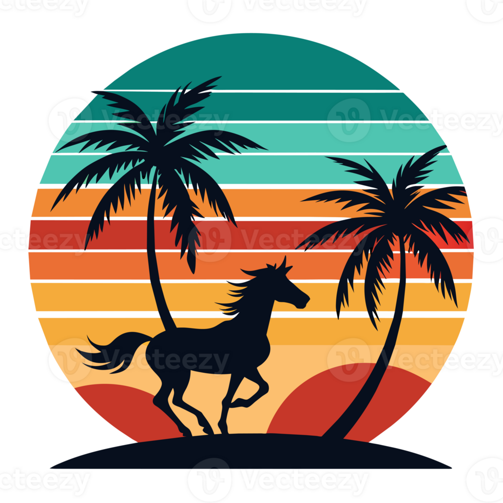 a horse is set against a vibrant, striped sunset backdrop with palm trees png