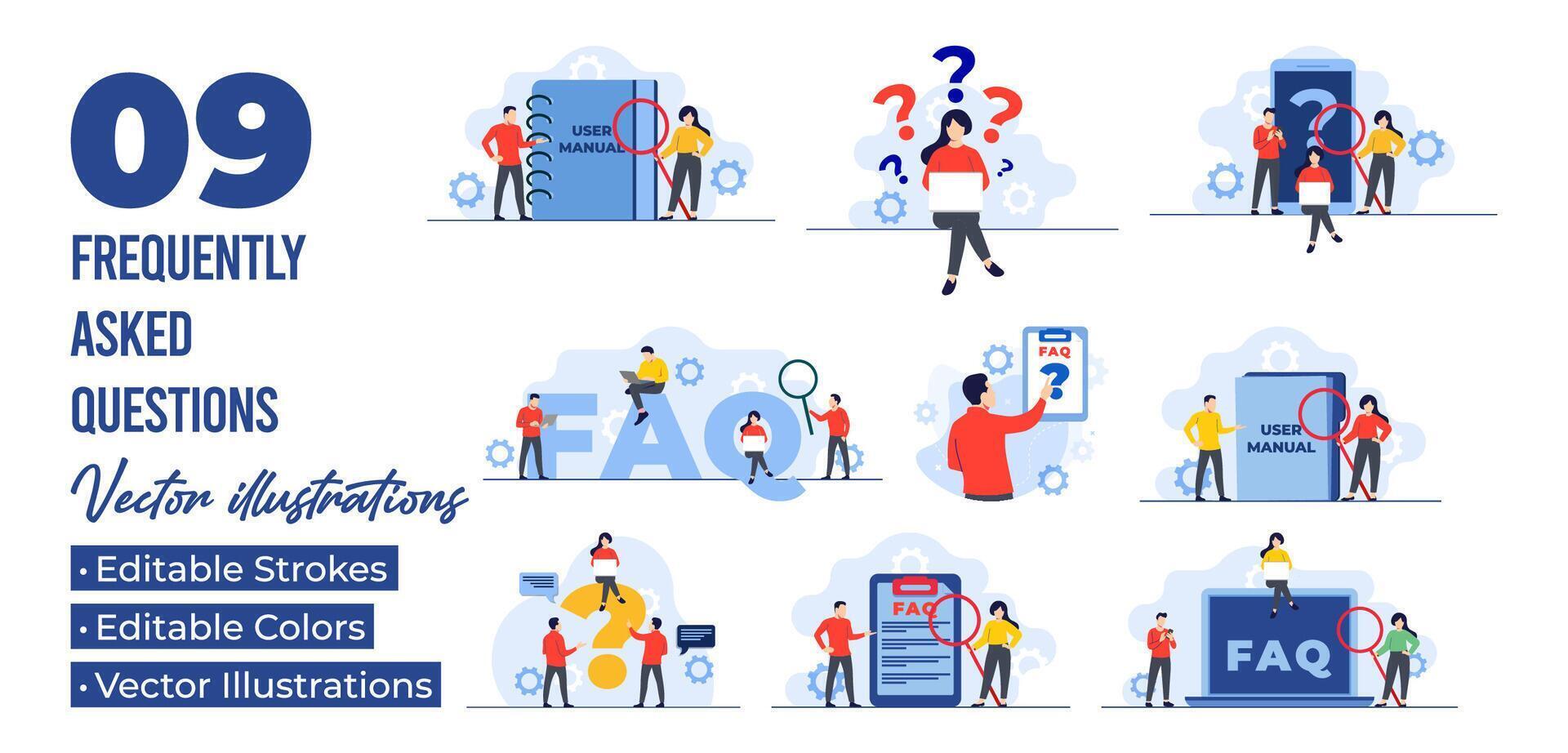 Set of flat illustrations of frequently asked questions concepts, FAQ vector