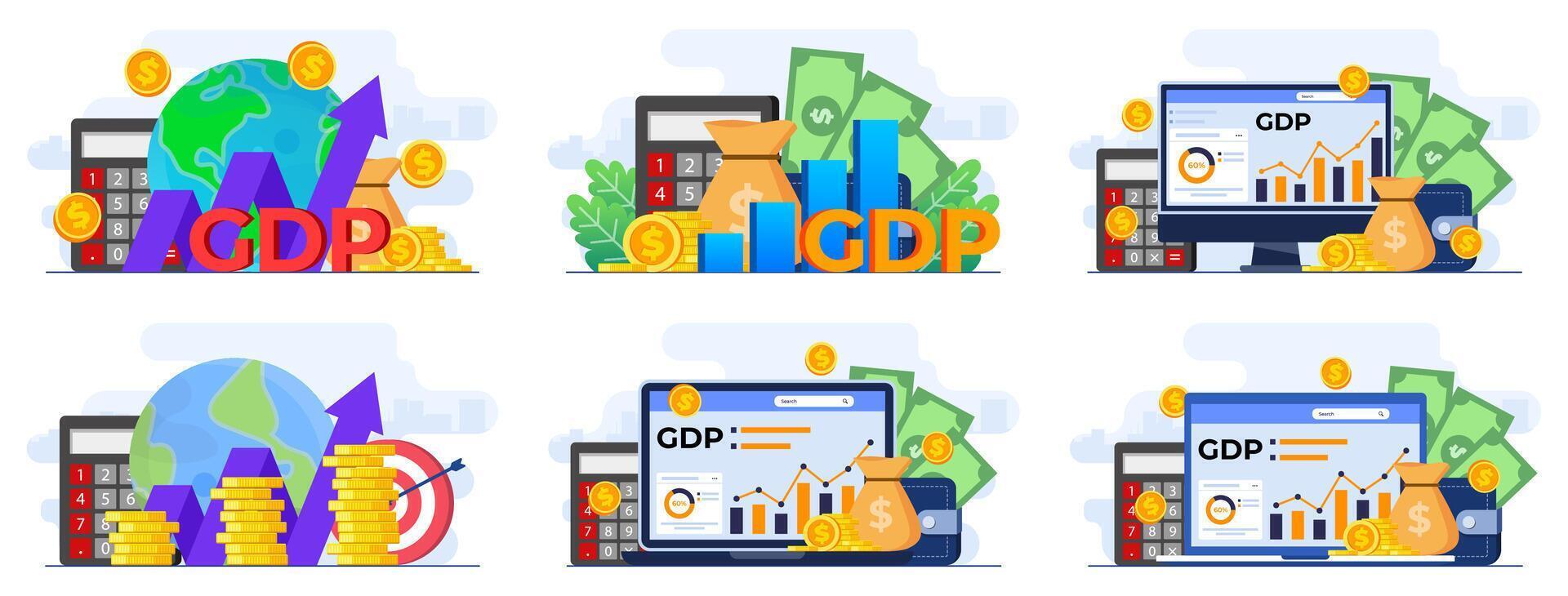 Set of flat illustrations of gross domestic product concepts, Stacks of money, National economy, Monetary policy, GDP, Economic Growth, Public finance, Growth graphs and chart vector