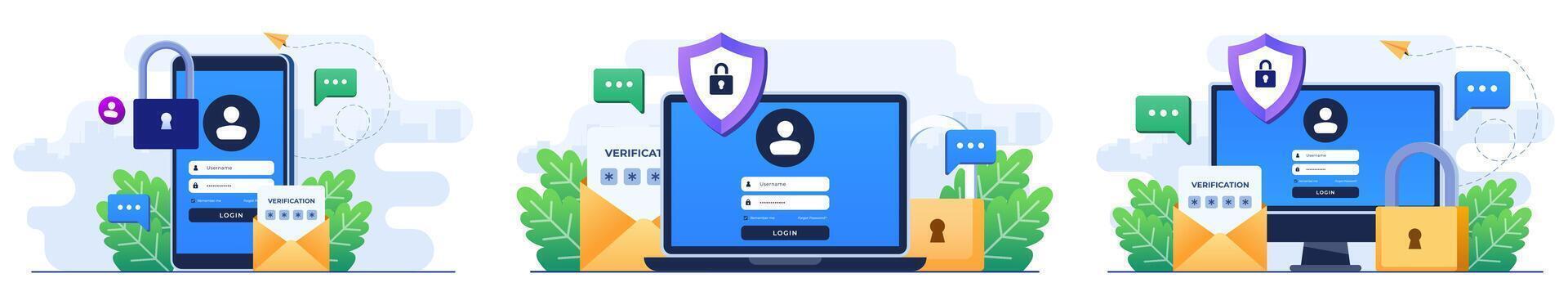 Set of flat illustrations of two-step verification, OTP, Authentication password, One-time password for secure website account login, Login page on device screen vector