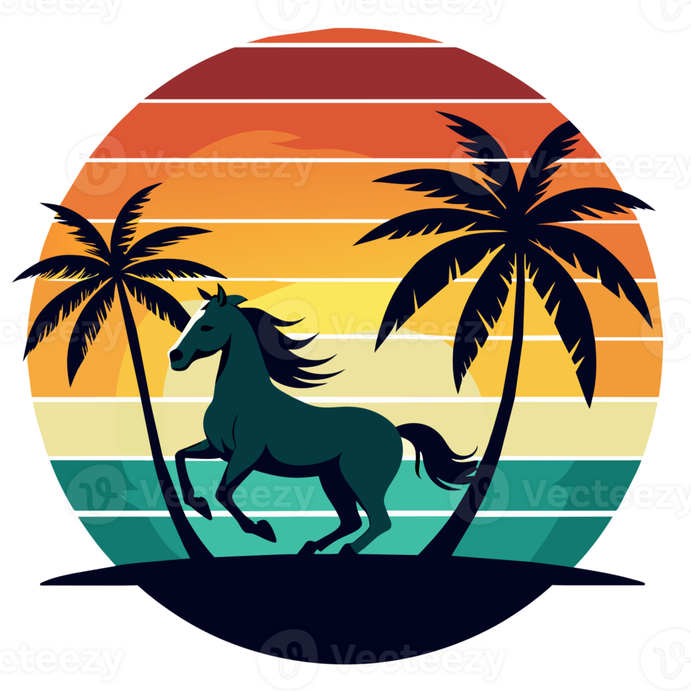 a horse is set against a vibrant, striped sunset backdrop with palm trees png