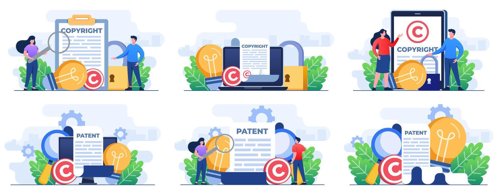 Set of flat illustrations patent law copyright, Copyright reserved, patented protection, Intellectual property, Copyright symbol, Electronic legal document, Digital law vector