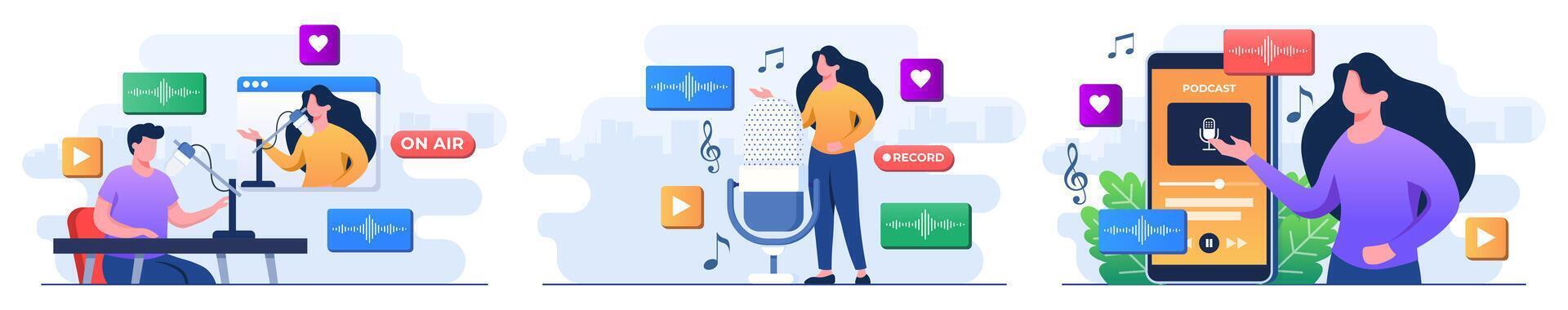 recording a podcast, Webcast live, Streaming podcast, Digital music stream, Online multimedia entertainment, online interview, Webinar, online course, tutorial vector