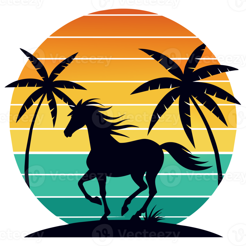 a horse is set against a vibrant, striped sunset backdrop with palm trees png