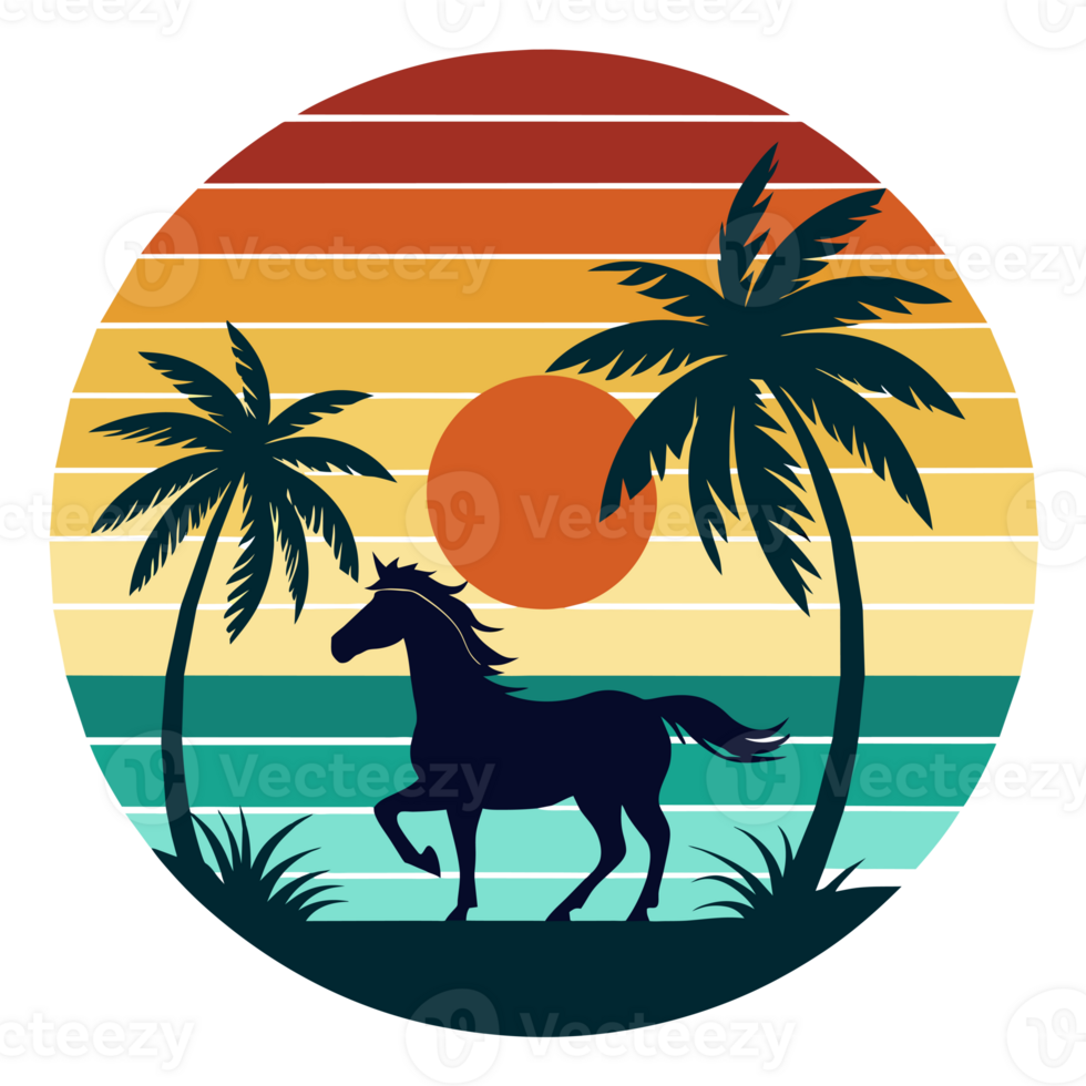 a horse is set against a vibrant, striped sunset backdrop with palm trees png