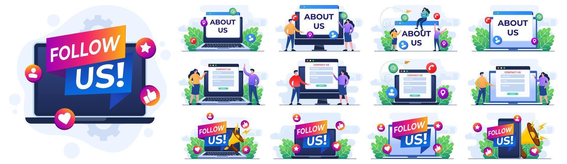 Set of flat illustrations of About us, Contact Us, Customer support, customer service, online support, help desk, Follow us concept, Internet advertisement, Marketing vector