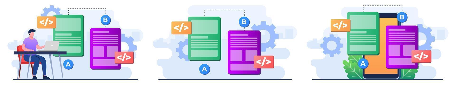 Set of modern flat illustrations of AB testing concepts, Comparison split wireframe application on display smartphone, compare test result between 2 page of website design vector