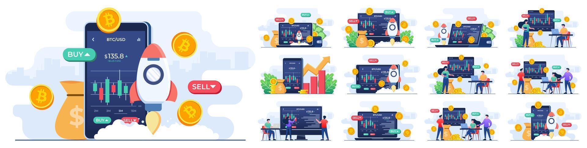 Set of flat illustrations of stock exchange scenes, chart, SELL and BUY options, Cryptocurrency trading, candlestick chart, Bitcoin, Digital web money, Crypto investment strategy vector