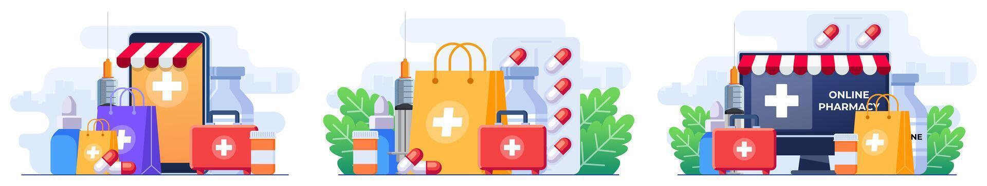 conjunto de plano ilustraciones de medicina y drogas pastillas, farmacia médicos, primero ayuda equipo, jeringuilla, medicamentos, en línea farmacia, farmacia Tienda y en línea medicina vector