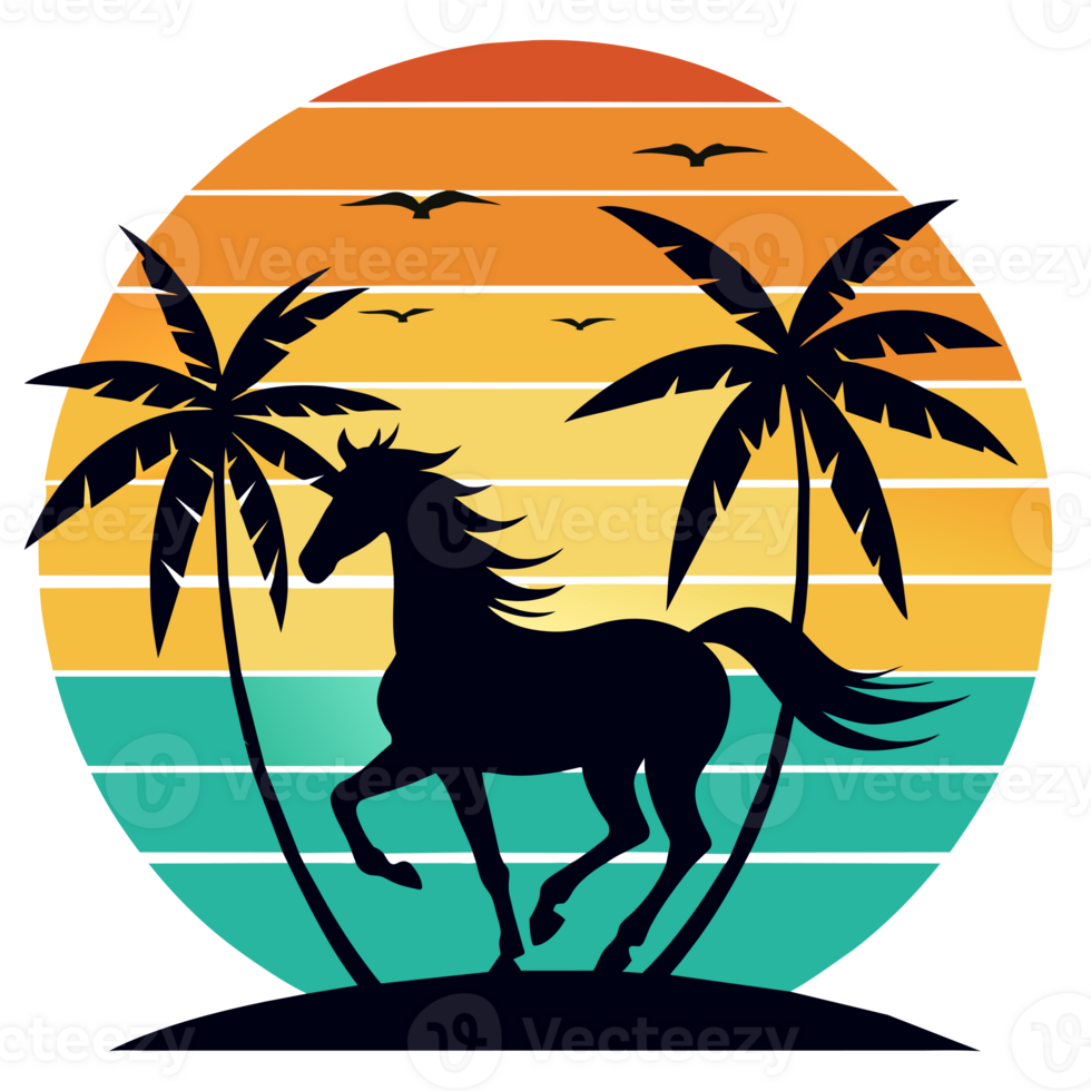 a horse is set against a vibrant, striped sunset backdrop with palm trees png