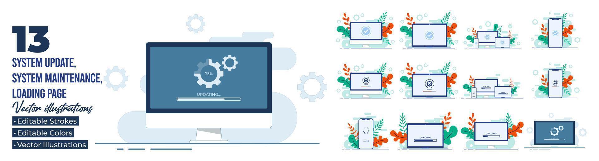 Set of flat illustrations of system maintenance, Error, Fixing trouble, Device updating, Software upgrade, System update, update operation system vector