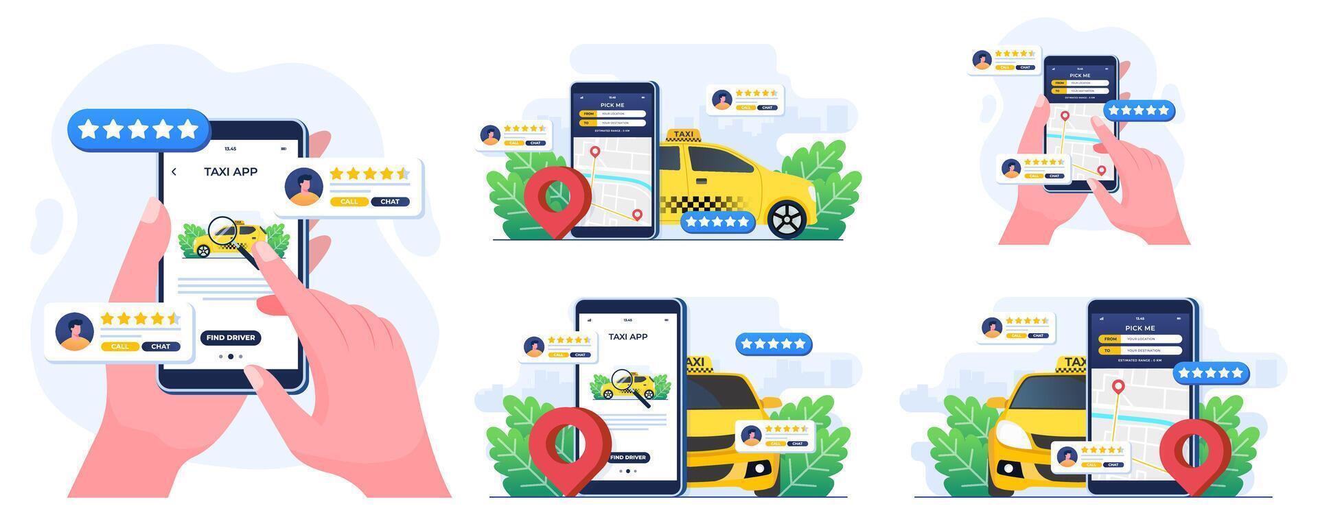 conjunto de plano ilustraciones de encontrar un Taxi conductor en línea, en línea Taxi, Taxi Servicio solicitud, alquilar y compartir auto, remoto vehículo intercambio, navegación alfiler vector