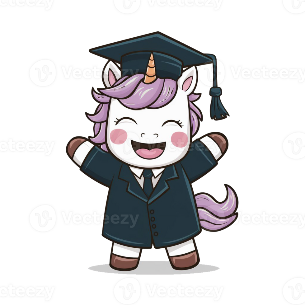 A cartoon unicorn is dressed in a graduation cap and gown, celebrating an academic achievement. png