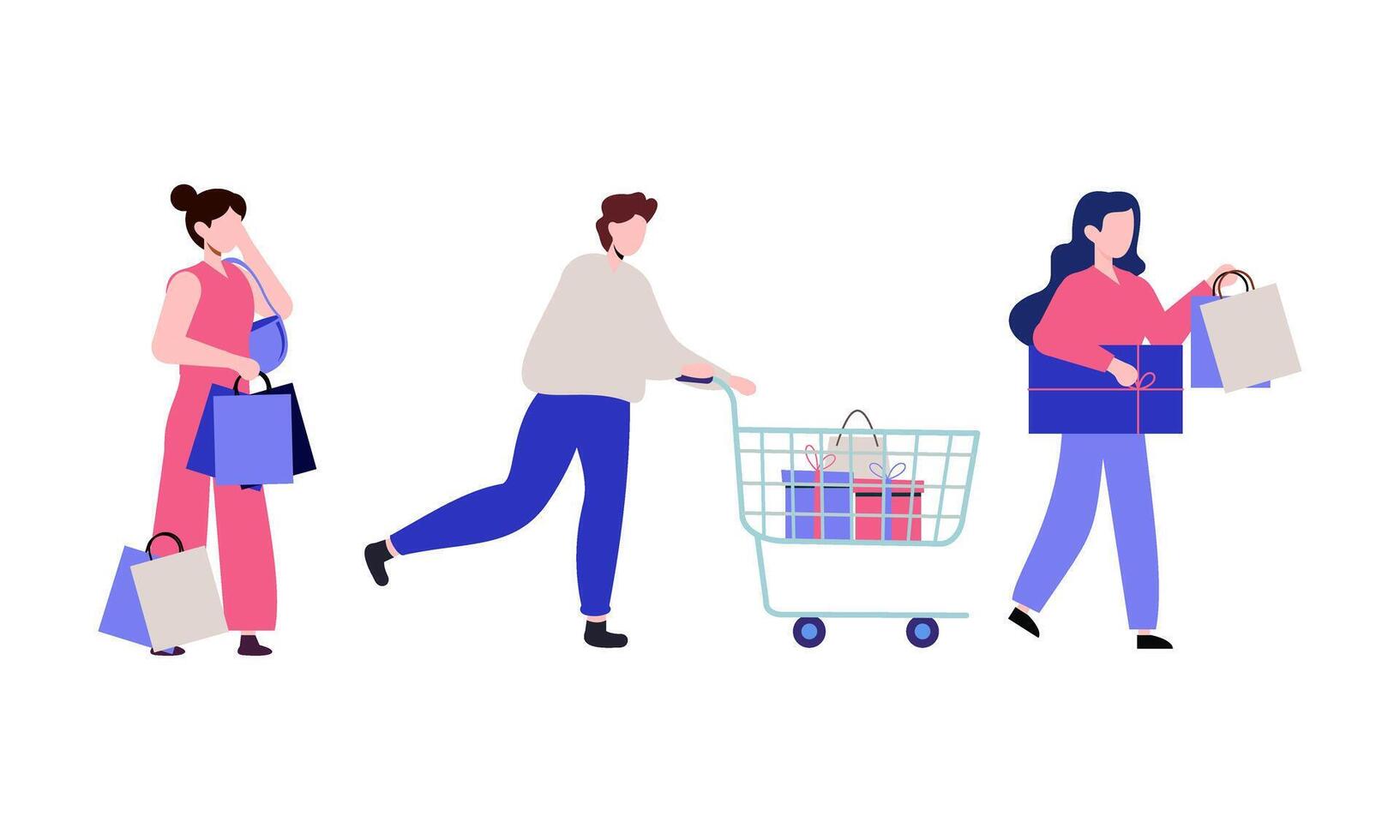 Collection of people carrying shopping bags with purchases illustration vector