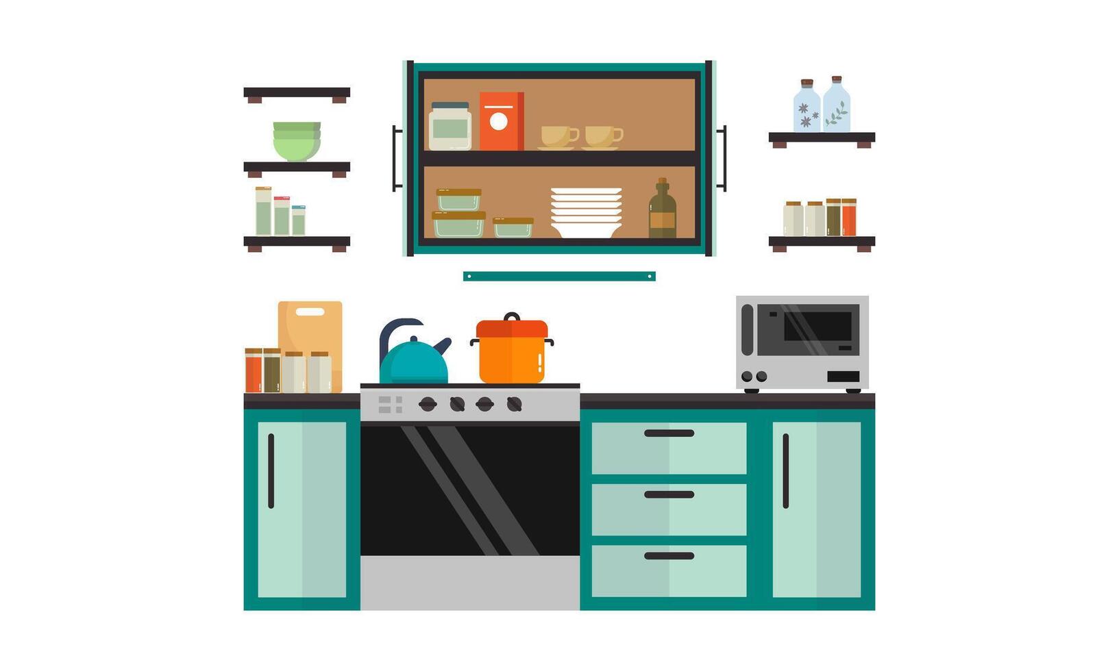 hogar batería de cocina, comida y dispositivos en color plano ilustración vector