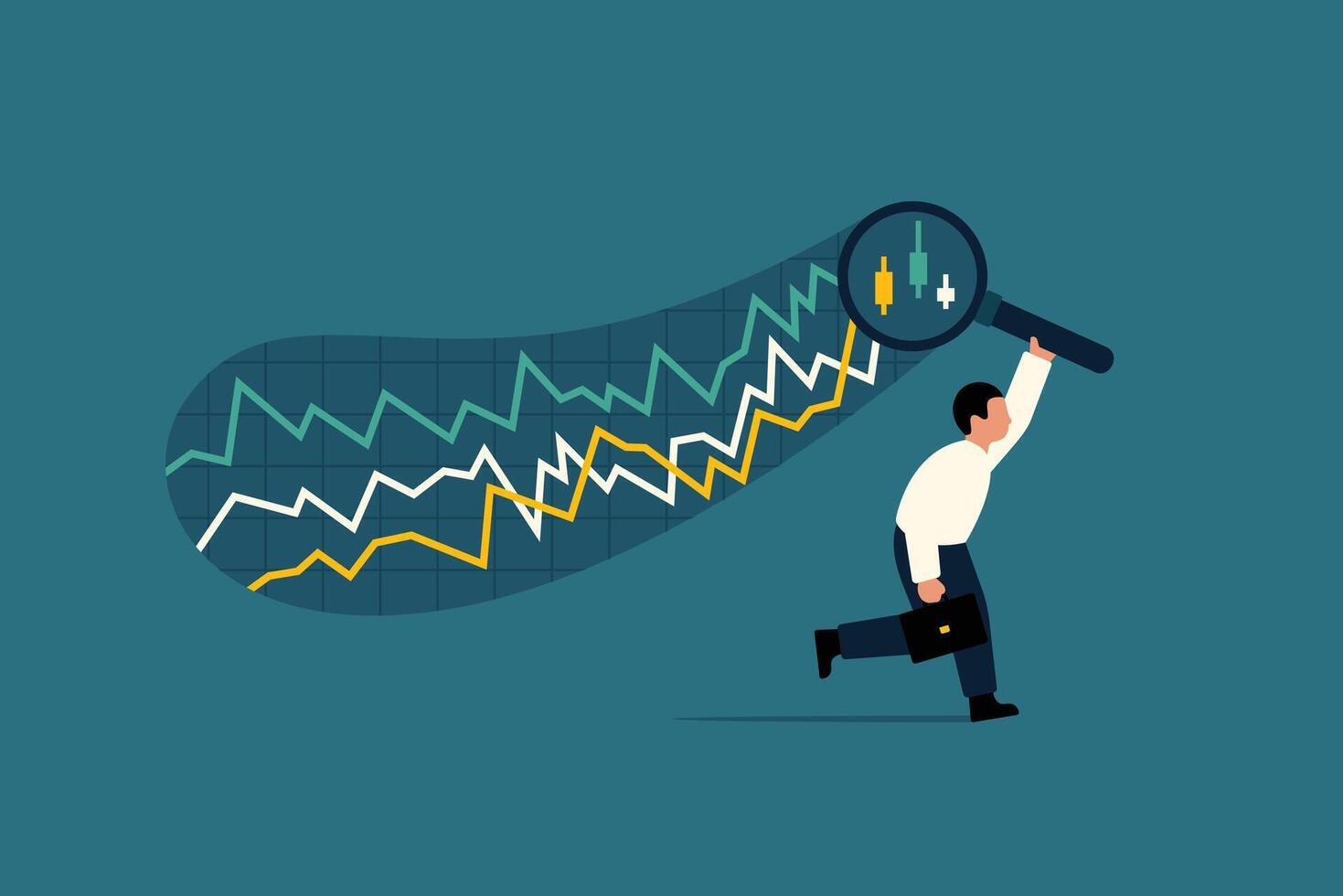 Market Index Analysis, Businessman with Magnifying Glass. vector