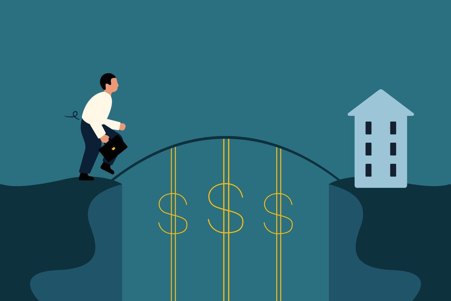 Bridge Loans For Real Estate Investors. Businessman Crossing the Dollar Bridge to Financial Goals or Loans. vector