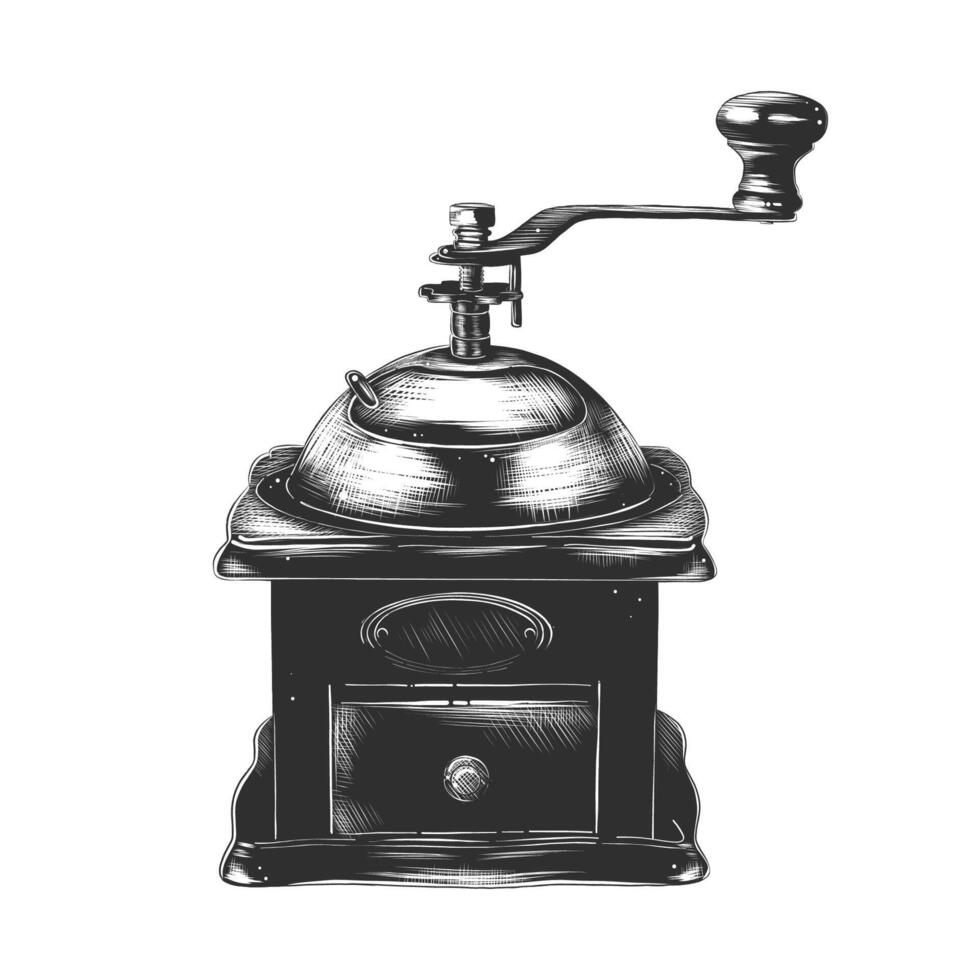 engraved style illustration for posters, decoration and print. Hand drawn sketch of coffee grinder in monochrome isolated on white background. Detailed vintage woodcut style drawing. vector