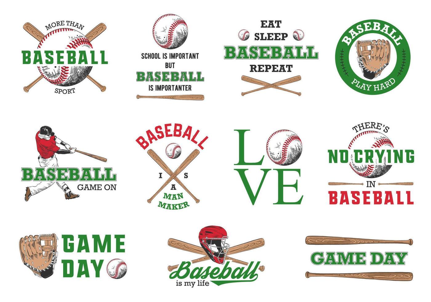 Set of 11 engraved style illustrations for posters, decoration, t-shirt design. Hand drawn baseball sketches with motivational typography isolated on white background. Detailed vintage drawing logo. vector