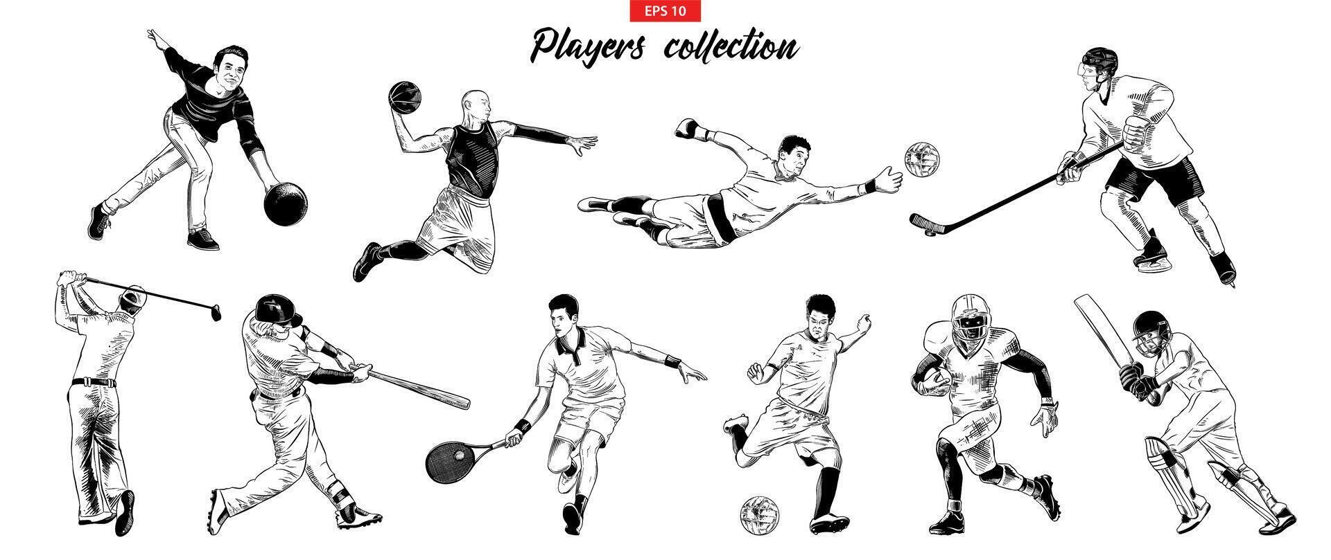 engraved style illustrations for posters, logo, emblem and badge. Hand drawn sketch set of sport players isolated on white background. Detailed vintage etching collection. Woodcut, linocut. vector