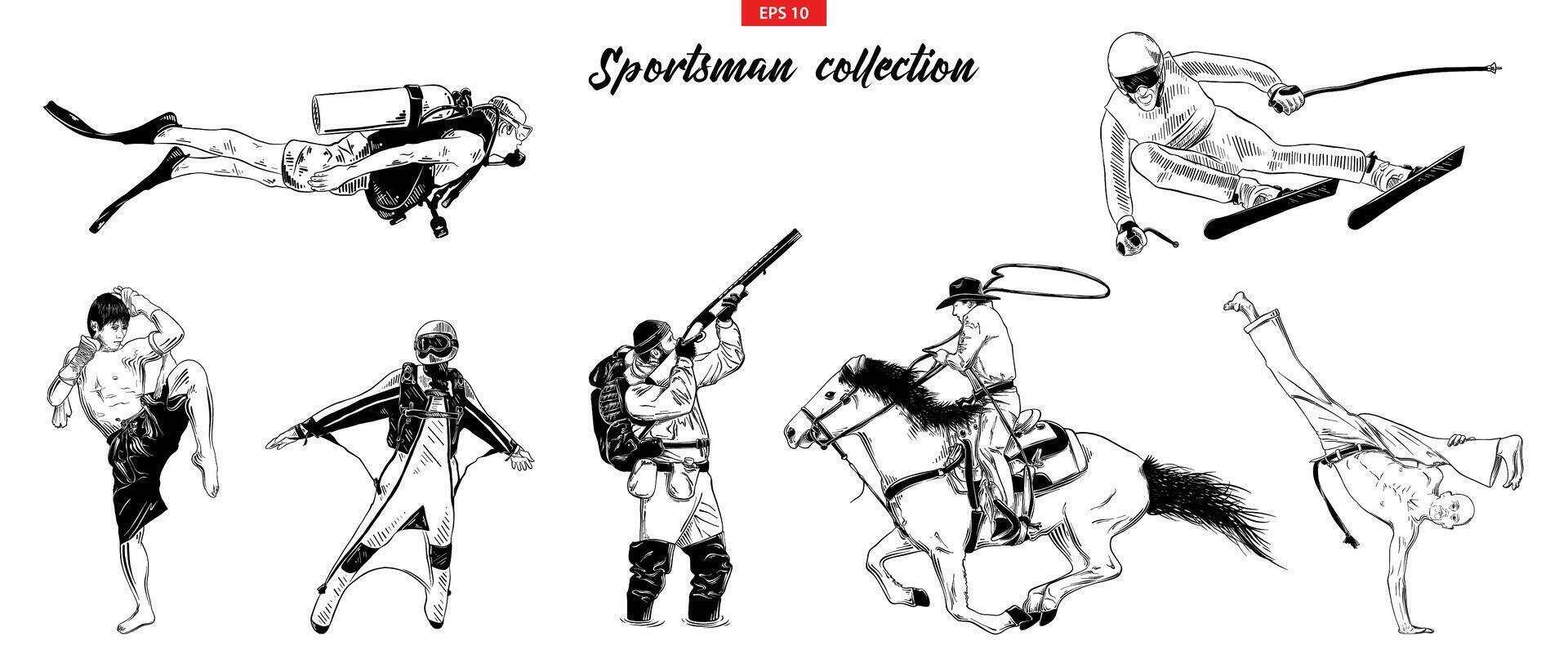 engraved style illustrations for posters, logo, emblem and badge. Hand drawn sketch set of sportsman isolated on white background. Detailed vintage etching collection. Woodcut, linocut style. vector