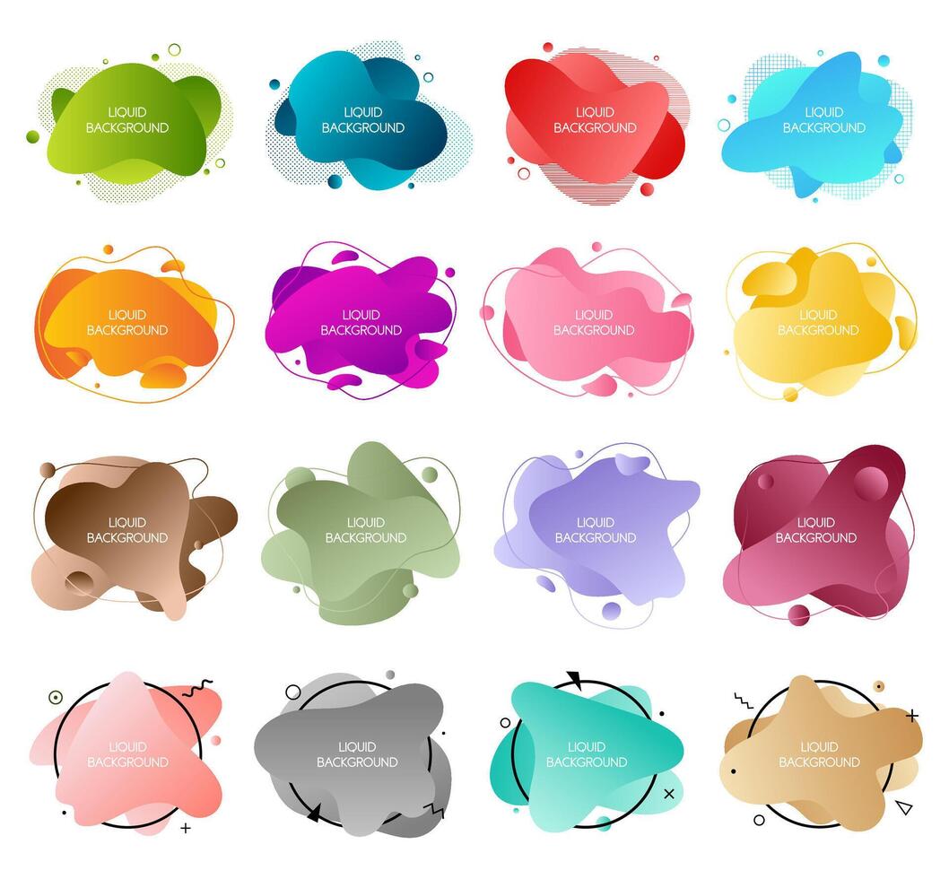 Set of 16 abstract graphic liquid elements in memphis style. Dynamical waves colored fluid shapes. Isolated banners with flowing liquids. Template for the design of a logo, flyer or presentation vector