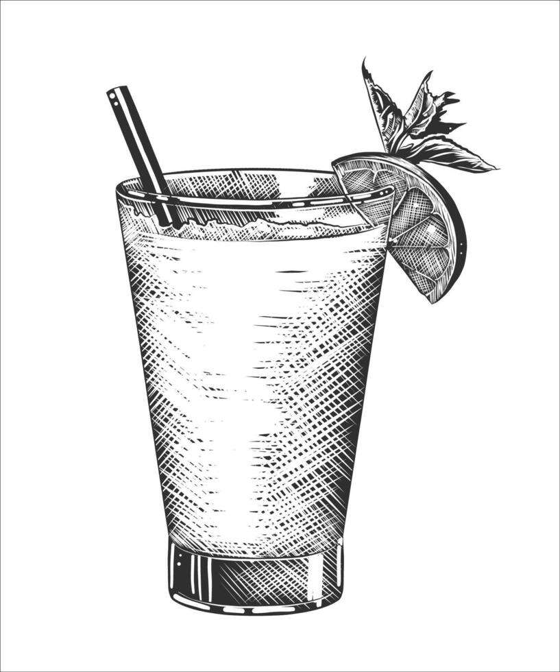 grabado estilo ilustración para carteles, decoración y impresión. mano dibujado bosquejo de tequila Disparo cóctel, monocromo aislado en blanco antecedentes. detallado Clásico xilografía estilo vector