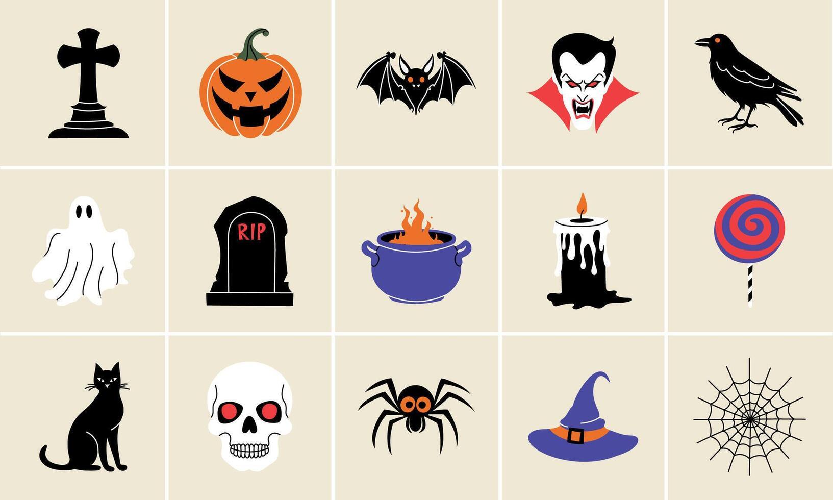 Halloween elements in modern flat, line style. Hand drawn illustration pumpkin, bat, vampire, crow, ghost, grave, candle, .lollipop, spider, web, black cat, skull, cross, cauldron, witch hat. vector