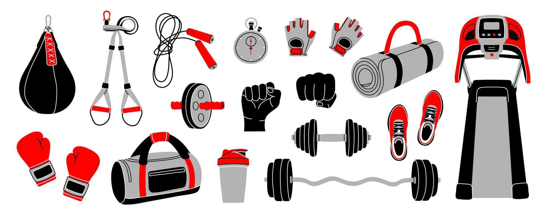 Sport equipment elements in modern flat line style. Hand drawn fitness inventory, gym accessories illustrations. Healthy lifestyle. Dumbbell, sport bag, barbell, fist, shoes, boxing gloves. vector