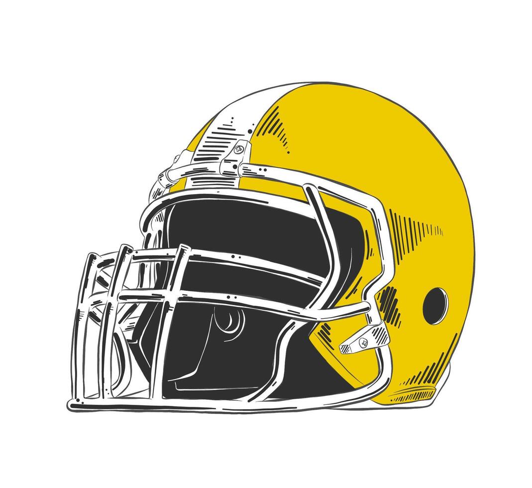 engraved style illustration for posters, decoration and print. Hand drawn sketch of american football helmet in yellow isolated on white background. Detailed vintage etching style drawing. vector