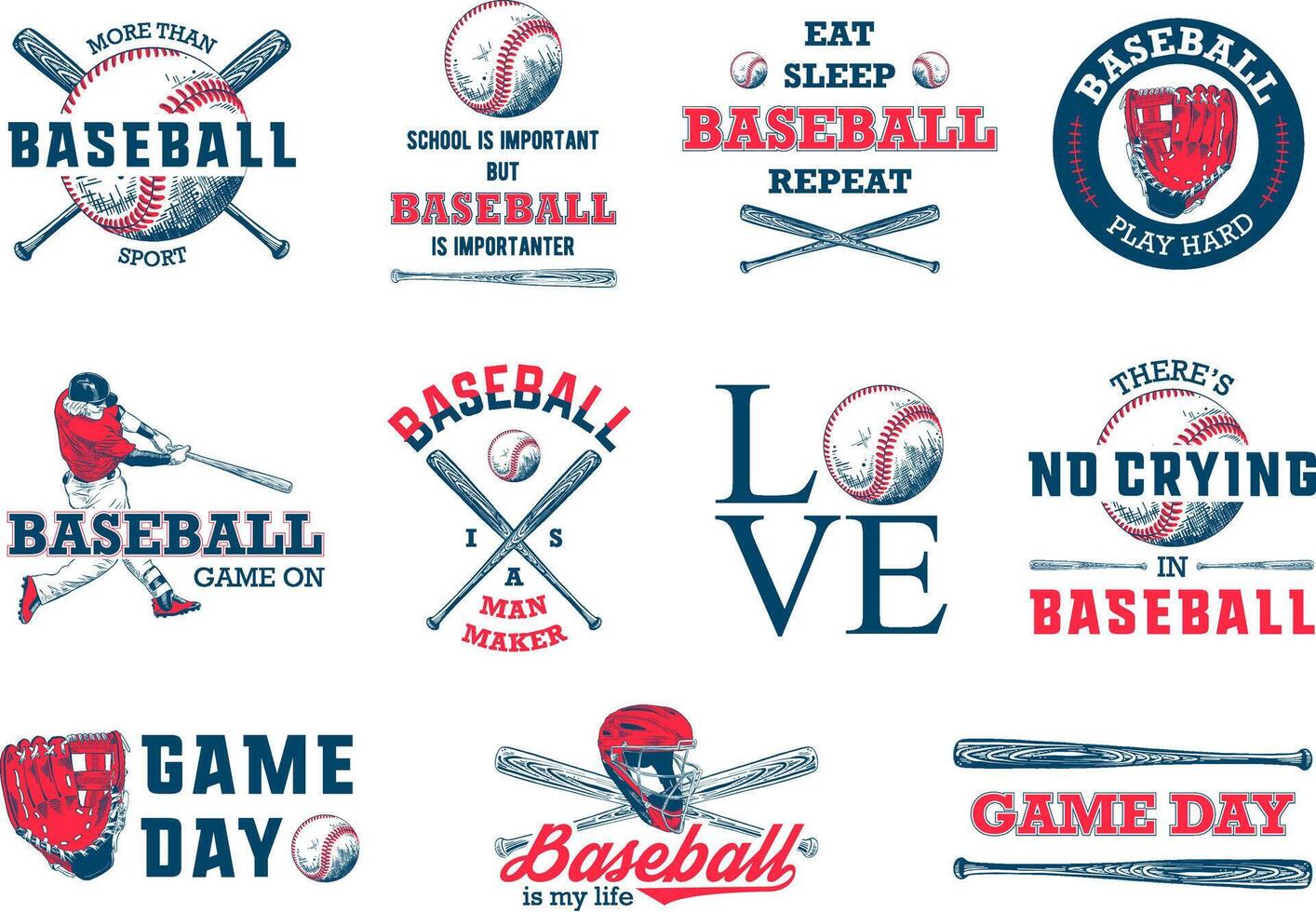 Set of 11 engraved style illustrations for posters, decoration, t-shirt design. Hand drawn baseball sketches with motivational typography isolated on white background. Detailed vintage drawing logo. vector