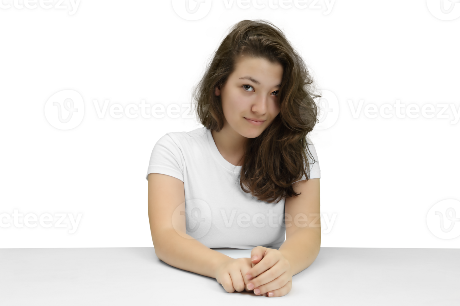 young and friendly teacher at her desk in front of the class on neutral background png
